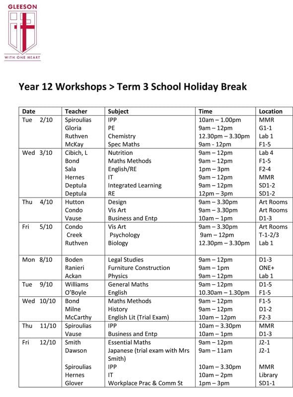YEAR 12 WORKSHOPS > Term 3 School Holidays 2018 YEAR 12 WORKSHOPS > Term 3 School Holidays 2018